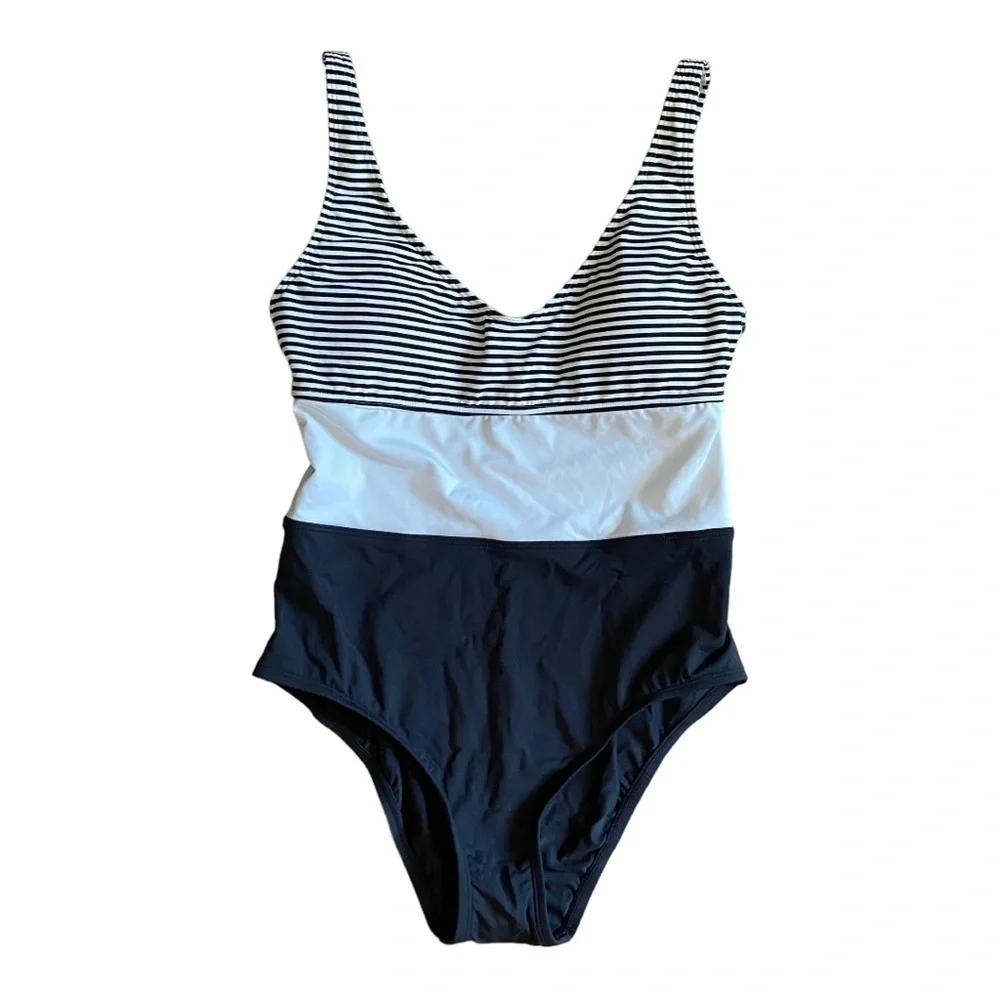 BLEU Rod Beattie Black Pinstripe Tank One Piece Swimsuit NWOT